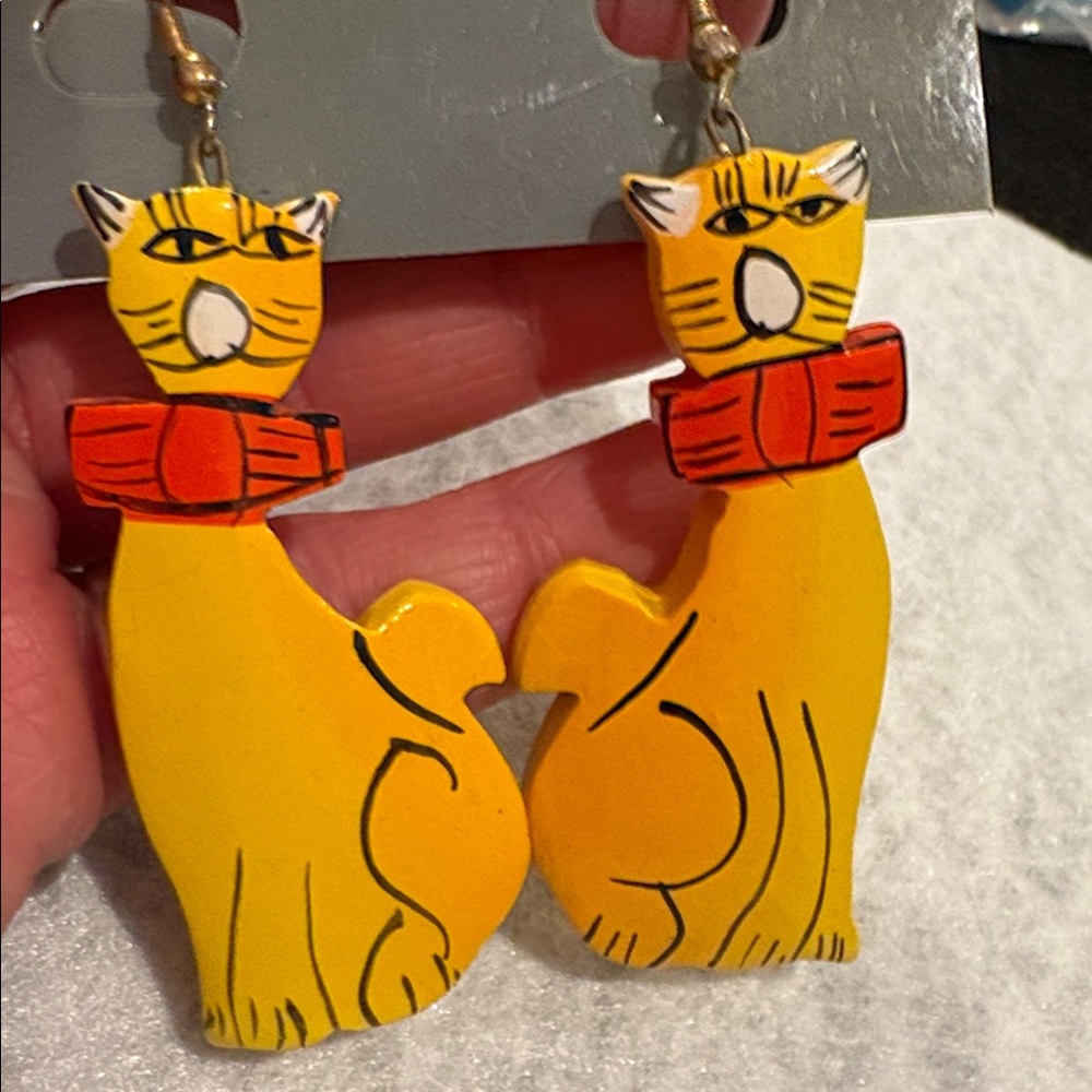 Hand Painted Yellow Wood cat earrings w Salmon in Mouth pierced New